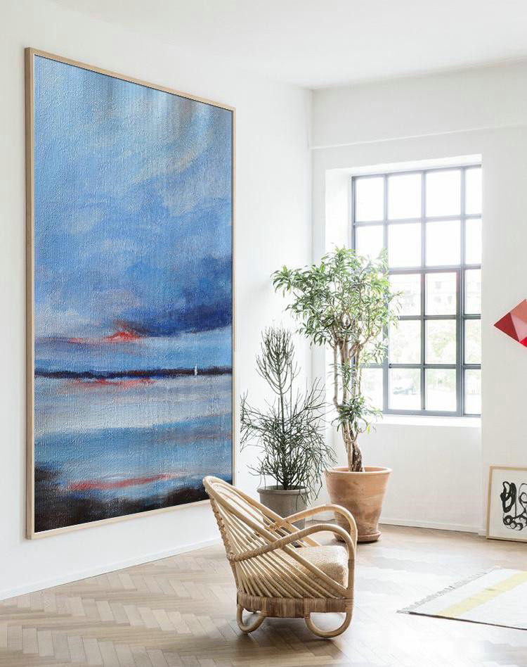 Large Abstract Painting On Canvas,Oversized Abstract Landscape Painting,Abstract Oil Painting,Blue,Dark Blue,Red,White,Black.etc